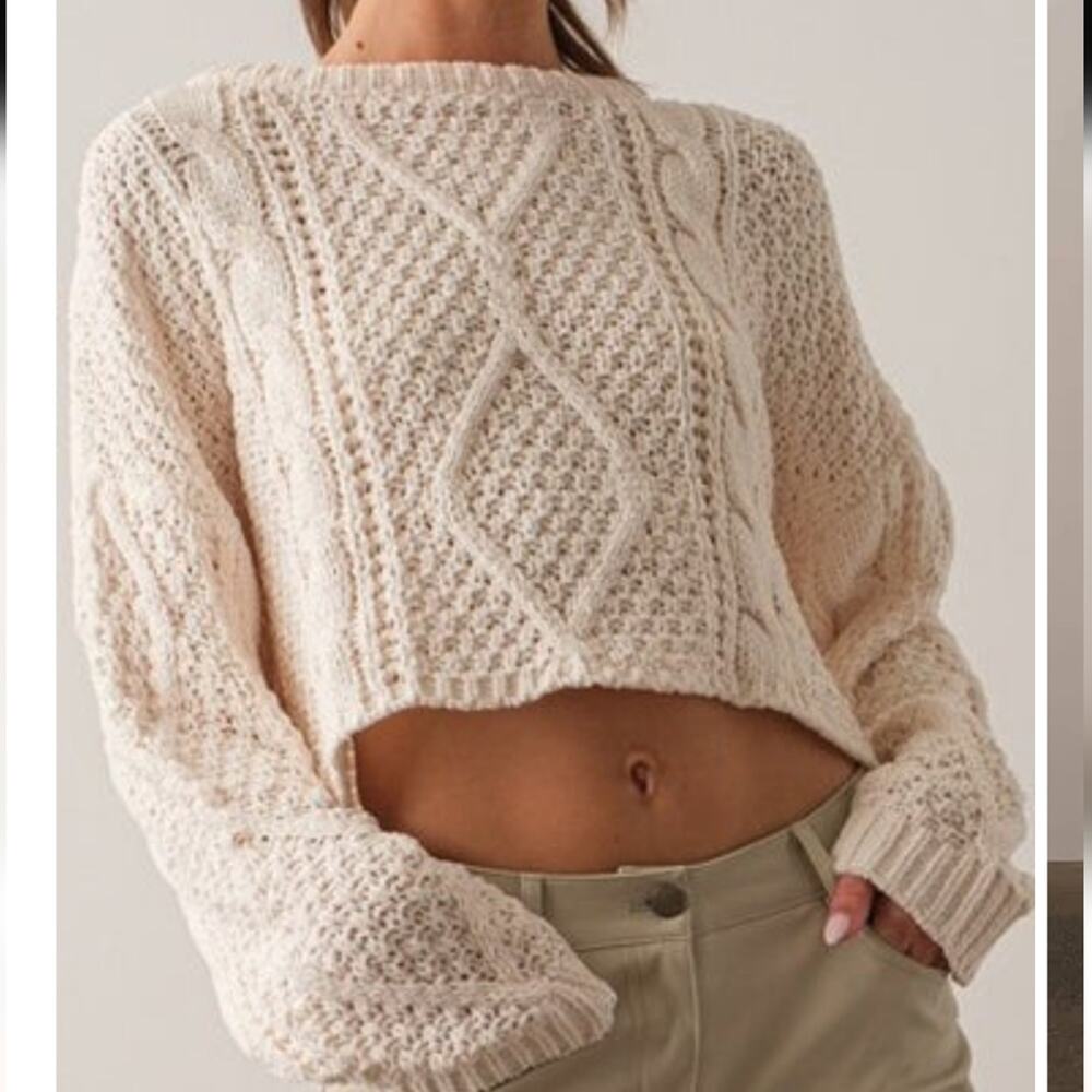 Papermoon NNT Cora Cropped Cable Thick Loose Knit Ivory Crewneck Sweater S
